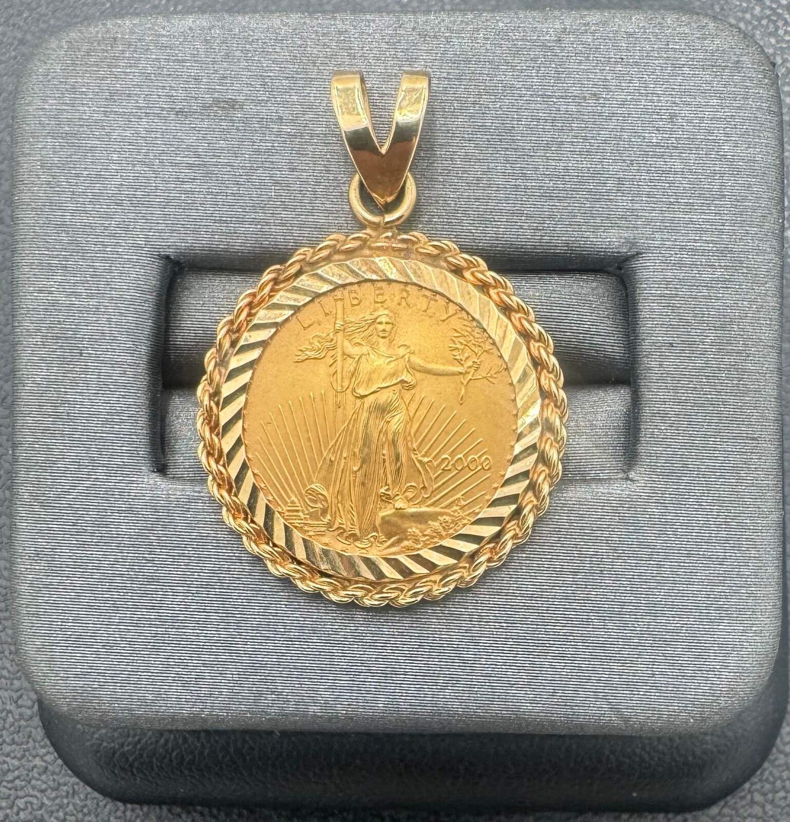 2000 American Gold Eagle $5 1/10ozt. Gold in 14kt Gold Rope Pendant, 3mm Bale