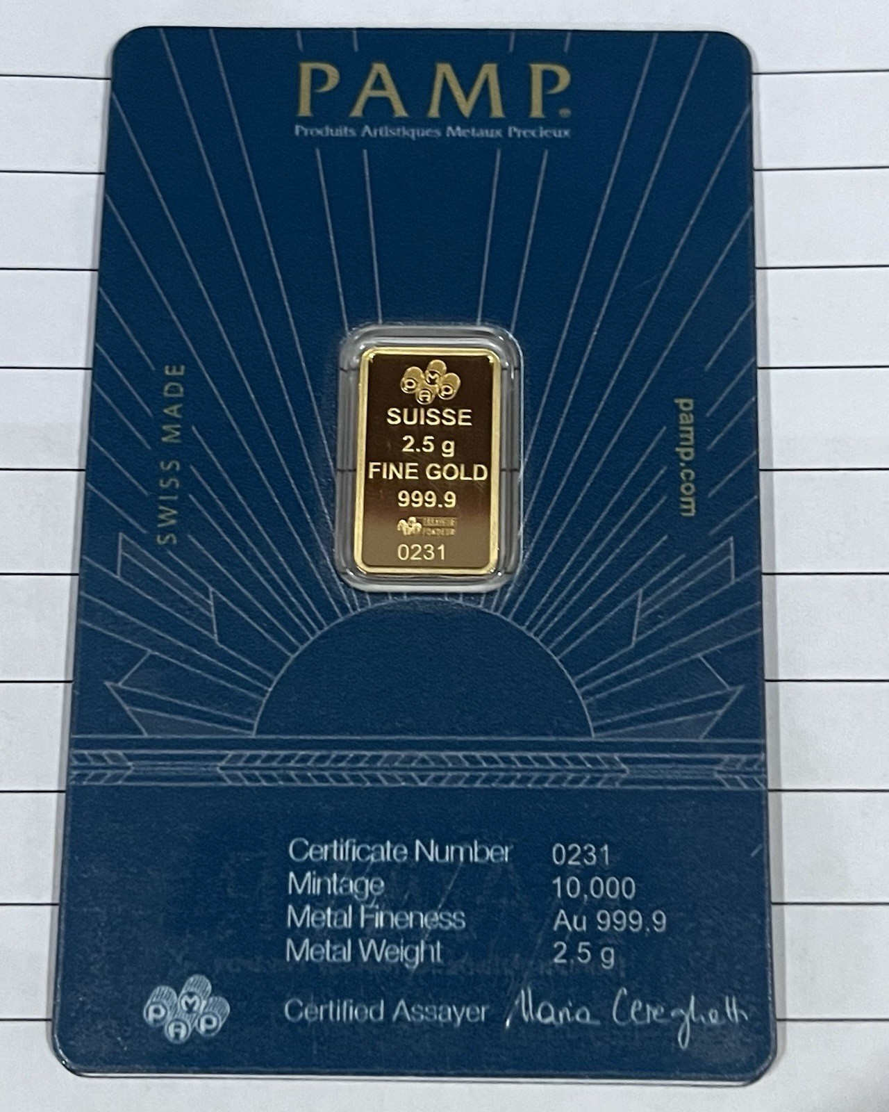 2.5 gram Gold Bar – PAMP Suisse Lady of Liberty (In Assay)