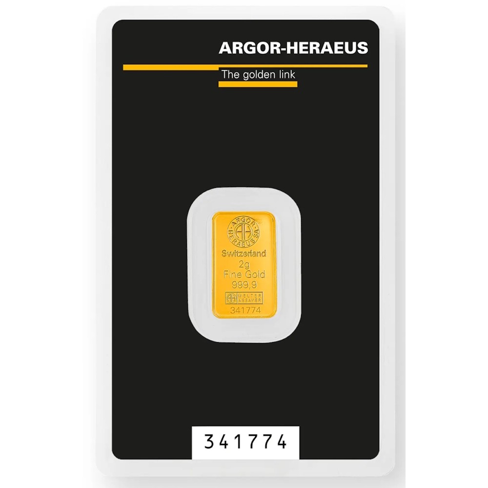 2 gram Gold Argor Heraeus Bar 2 g .9999 Fine Gold – In Assay