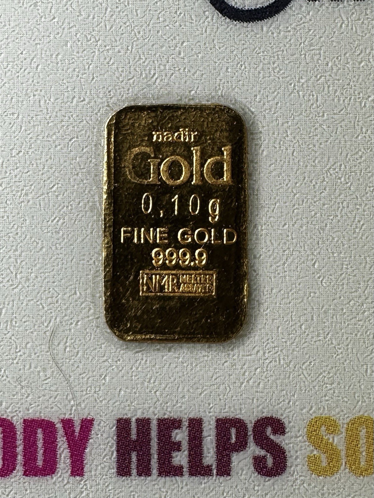 1/10 Gram 24K 999.9 Fine Gold (NADIR) Bar in sealed Certified Charity Card