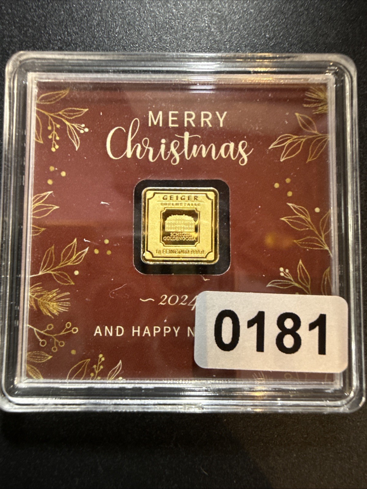 Merry Christmas Geiger In Assay-1 Gram Gold Bar (Only 1,000 Mintage) 999.9 Fine
