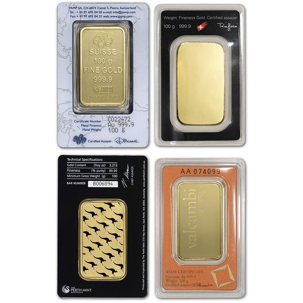 100 gram Gold Bar – Random Brand Secondary Market – 999.9 Fine in Assay