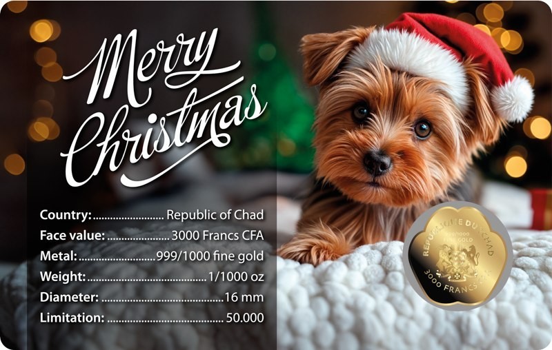 Chad Dog Paw Christmas Xmas 1/1000 Oz .999 Gold Coin in card 50k Mintage