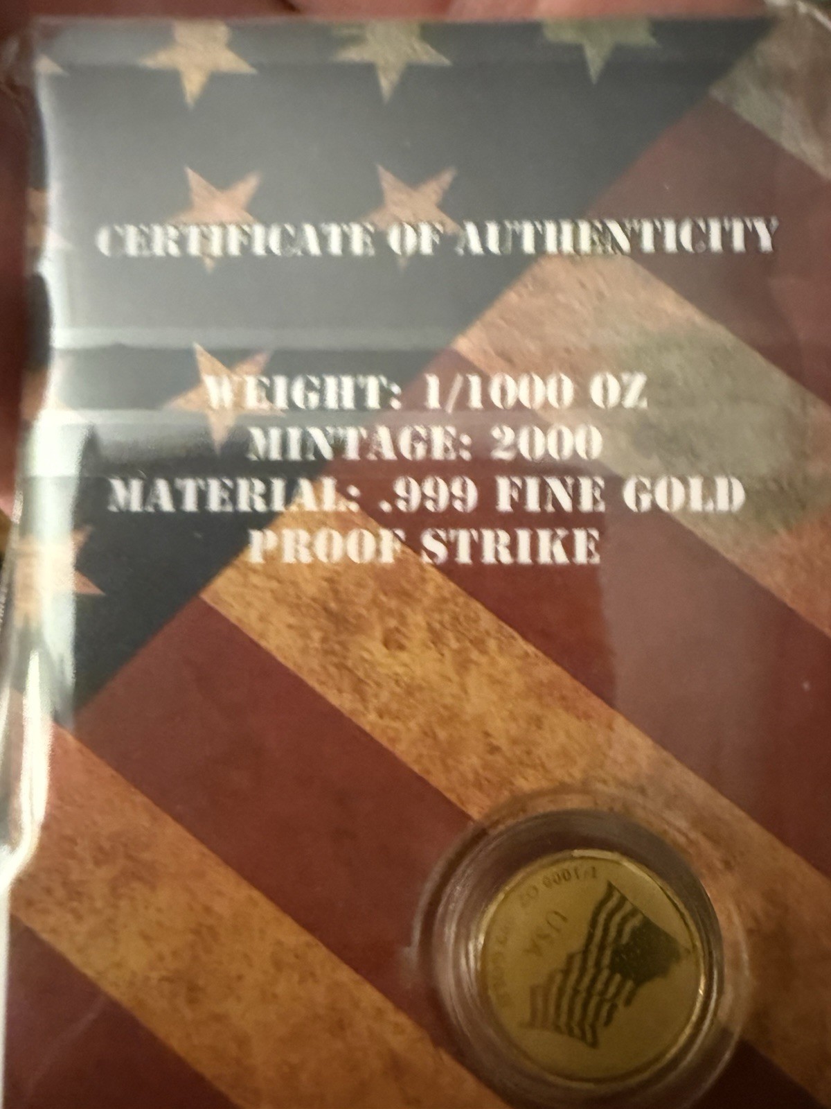 2 – USA 1/1000 oz .999 Fine Gold Proof Round USA Flag/Liberty, COA Mintage 2000