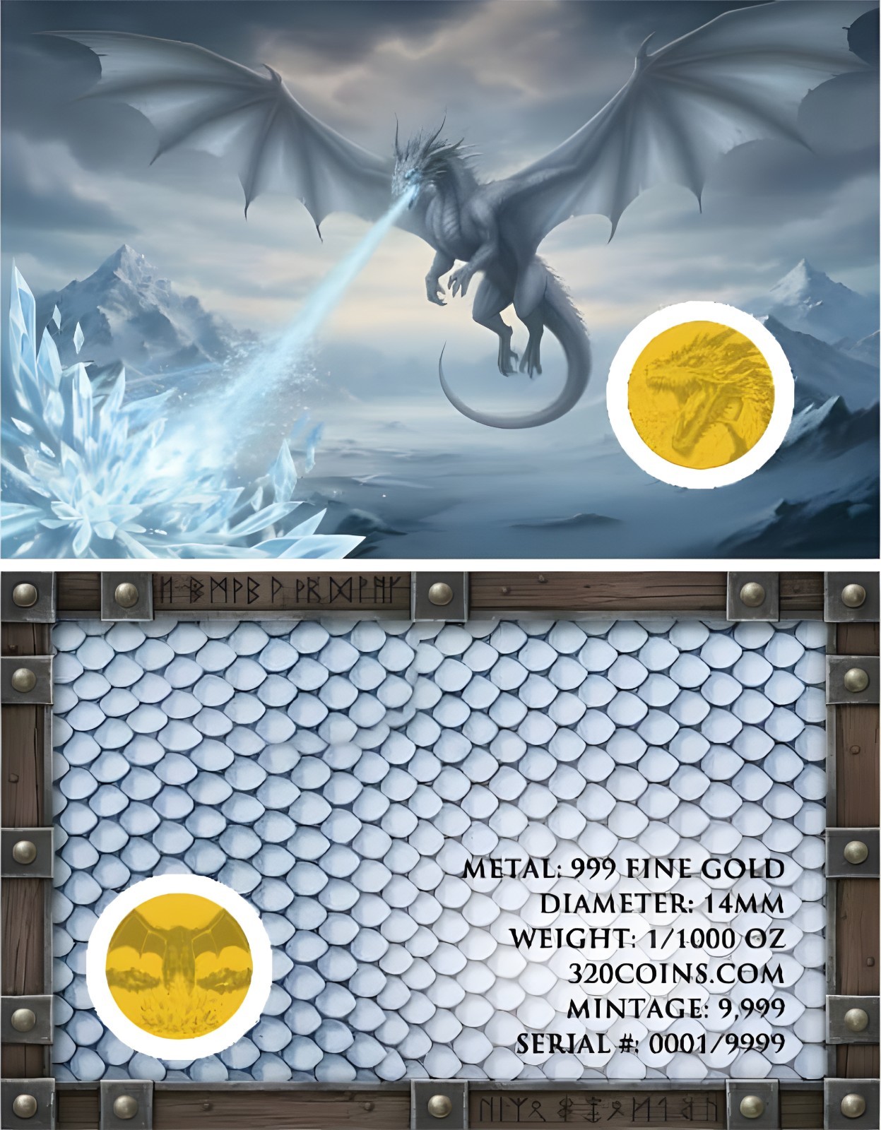 Ice Dragon 1/1000 oz Fine Gold Round in Card (9,999 Mintage) 320 Coins Mint