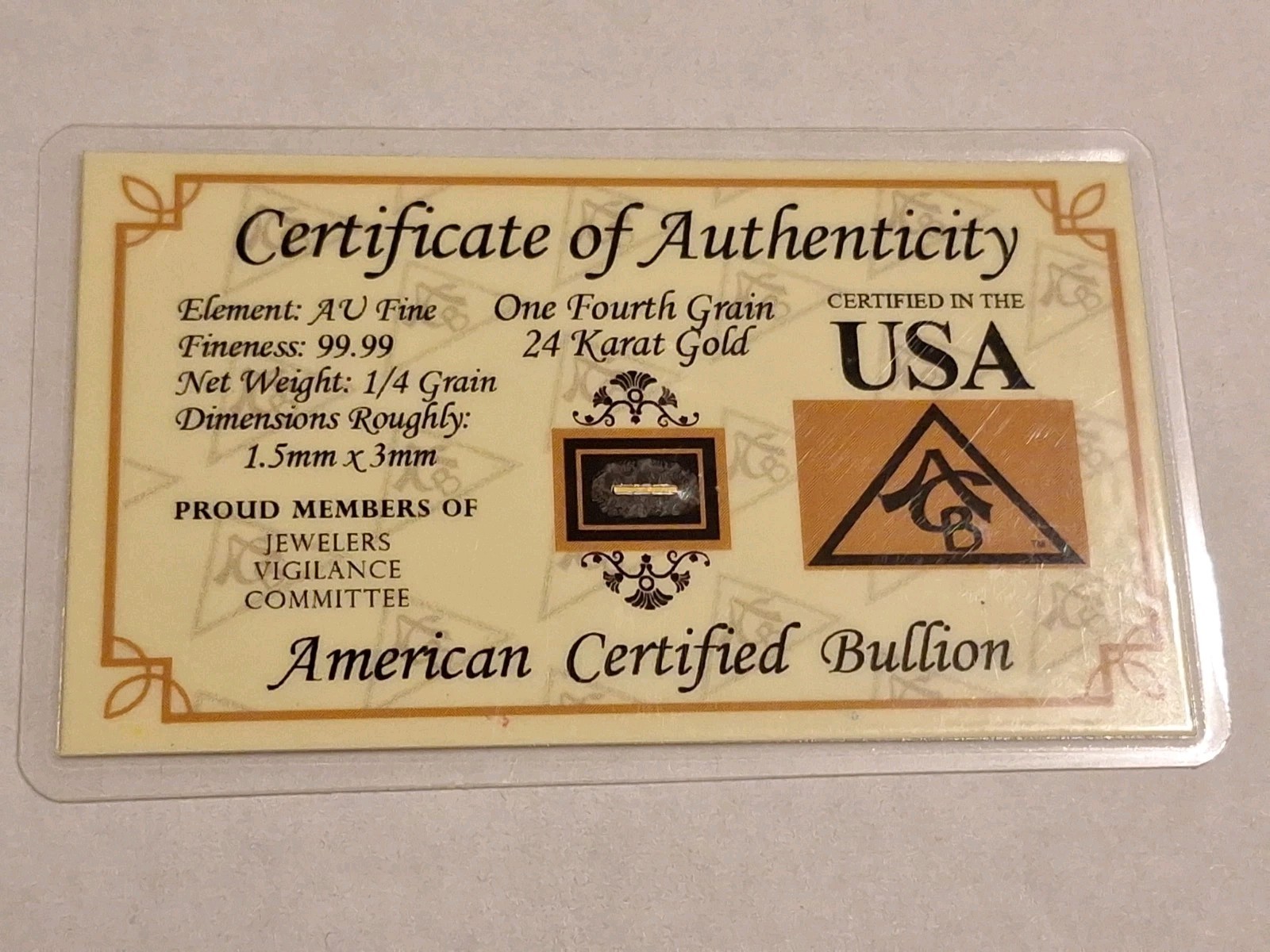 GOLD ACB 1/4GRAIN 24K SOLID BULLION BAR 9999 FINE CERT/AUTHENTICITY`