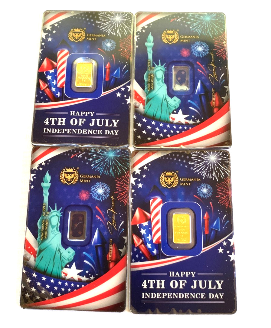 2025 x 1 Gram .9999 Fine Gold Germania Mint 4th of July Gold Bar in Assay Card!