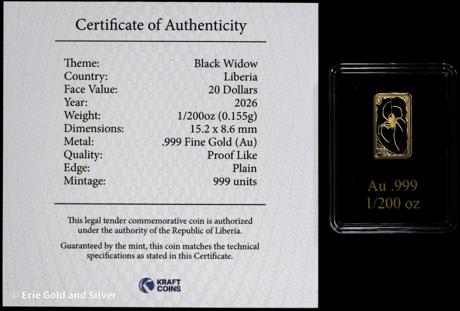 2026 Liberia Black Widow 1/200 oz Gold Bar