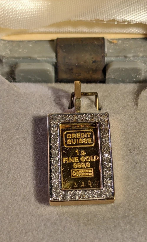 24K GOLD Credit Suisse 999.9 FINE INGOT BAR 14K DIAMOND BEZEL PENDANT FOR CHAIN