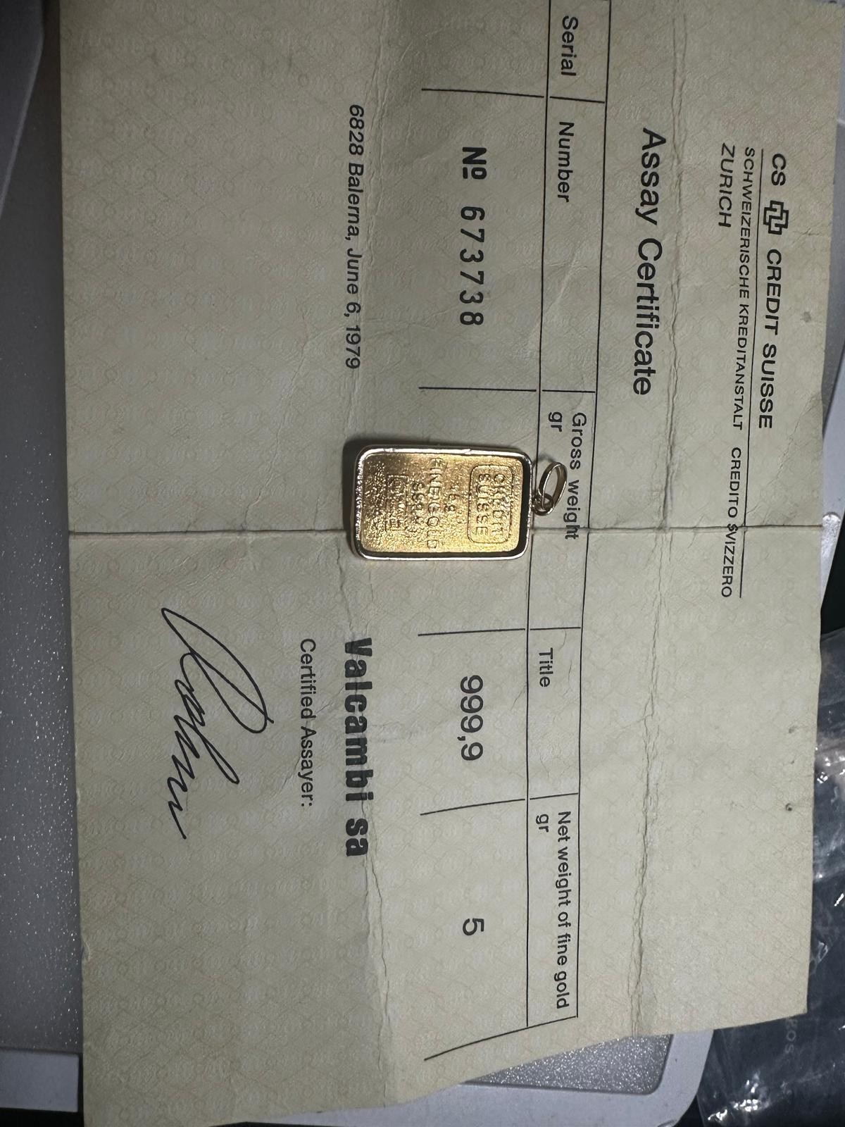 Vintage 1979 Credit Suisse 5g .9999 Gold Bar w/ Assay Cert & 14K Bezel Pendant