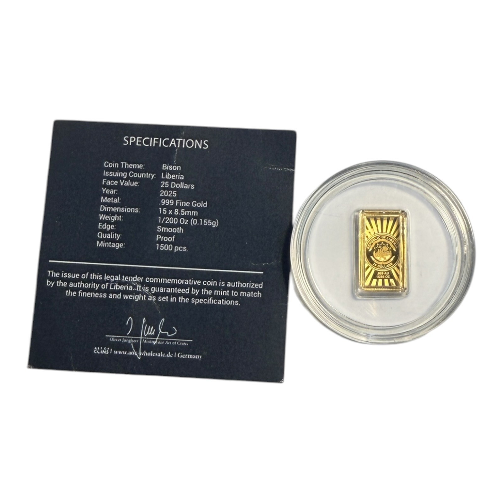 2025 Bison 1/200 oz Au 999 Fine Gold Coin/Bar in Capsule w/COA 21