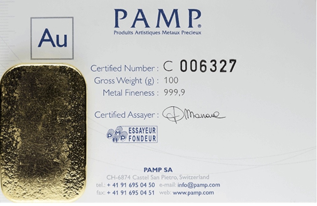 100 Gram Gold Bar PAMP Suisse Lady Fortuna Veriscan (In Assay) .9999 Fine
