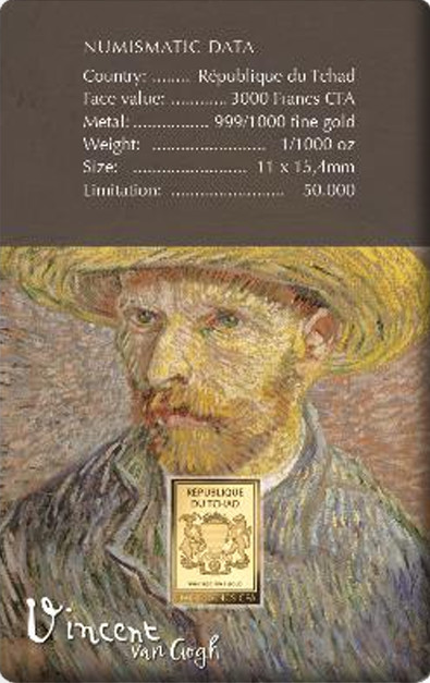 Van Gogh Self Portrait with straw 1/1000 Oz Gold .999 Coin