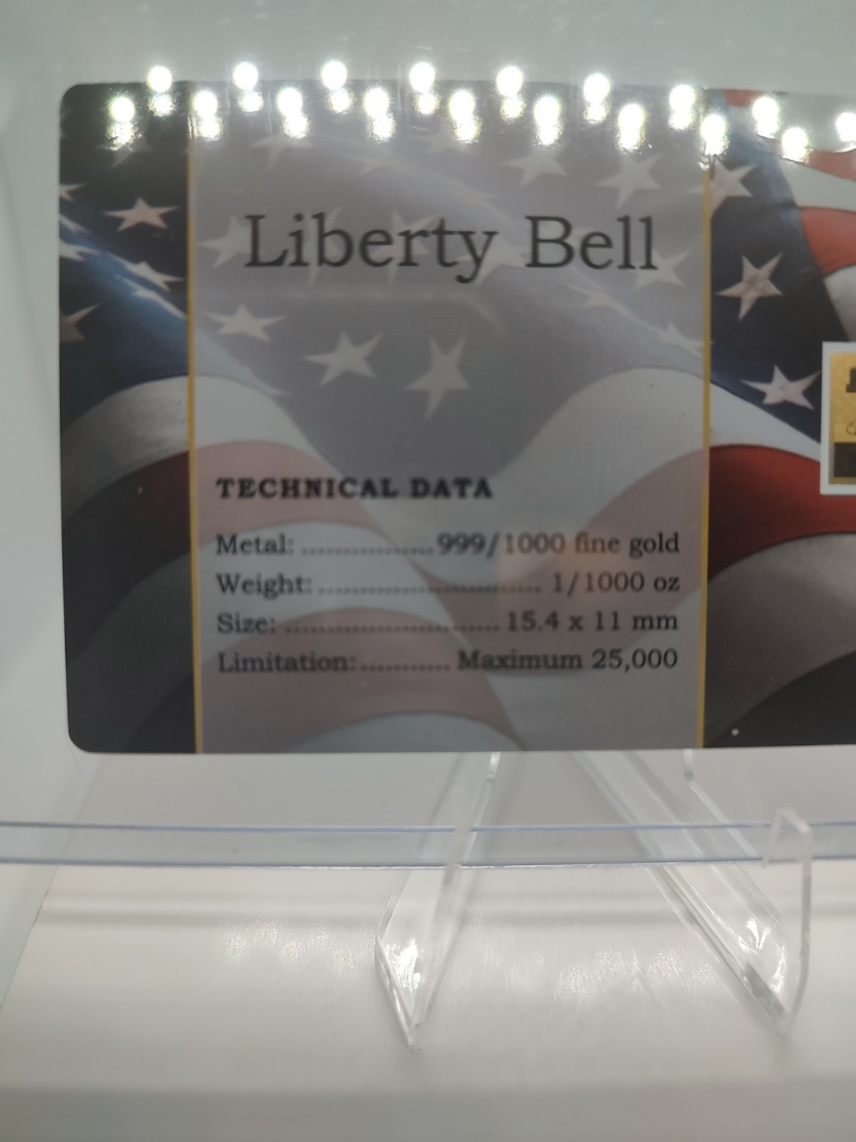 Very Rare; Liberty Bell 1/1000 oz .999 fine Gold Coin/Card; Only 25000 Minted