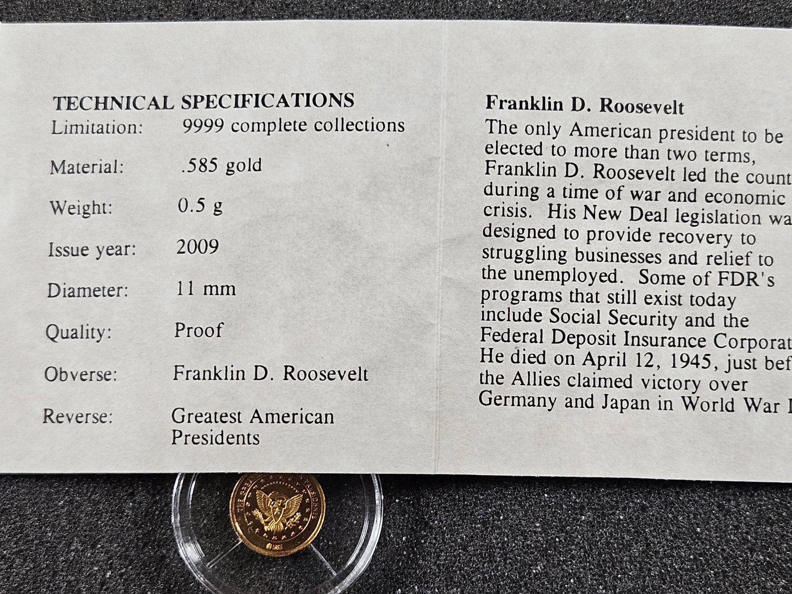 🌟(10) 2009 AMERICAN MINT 1/2 g Gold 0.585 Coins JFK PRESIDENTS, 0.094 oz AGW
