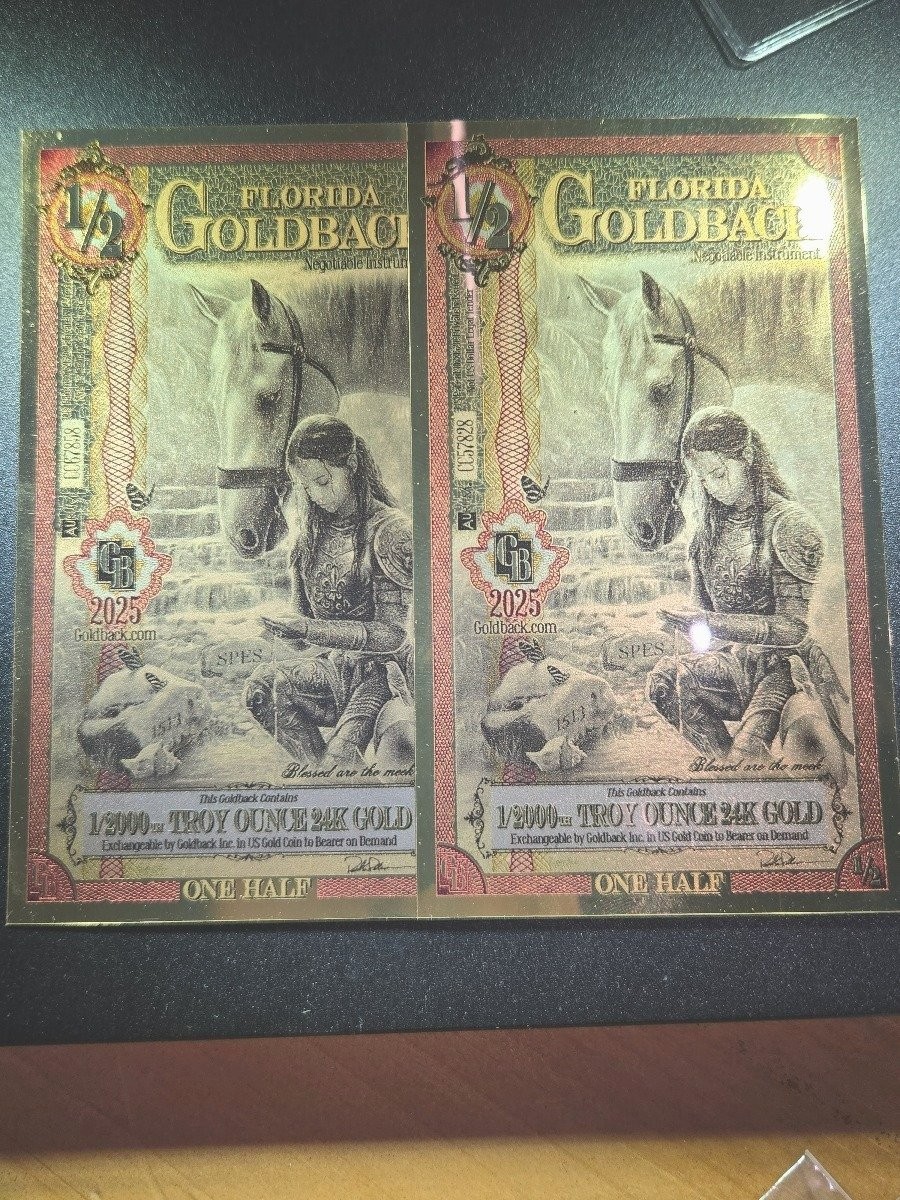 Lot of 2 – 2025 Florida 1/2 Goldback 24K Gold Notes 1/2000 oz Fine Gold