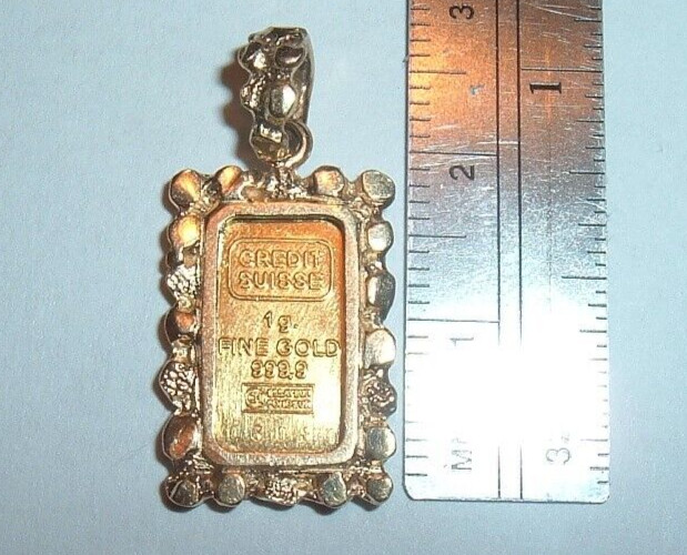 24K GOLD Credit Suisse 999.9 FINE INGOT BAR 14K NUGGET BEZEL PENDANT CHAIN 3.4g