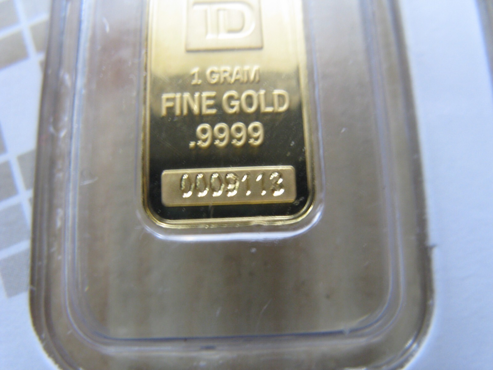 1 Gram Gold Bar TD Toronto Dominion Bank .9999 Gold 24 Karat Sealed Serial 09113