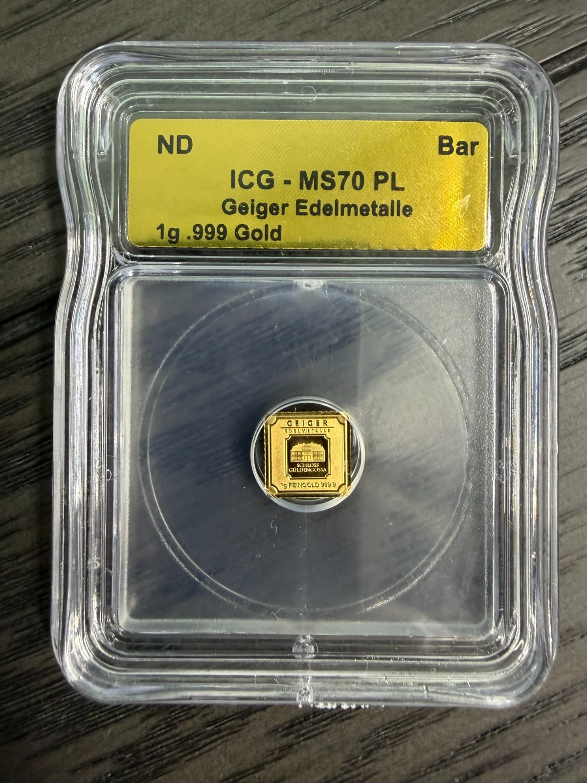 Geiger Edelmetalle 1 Gram .9999 Fine Gold MS70 PL Bar