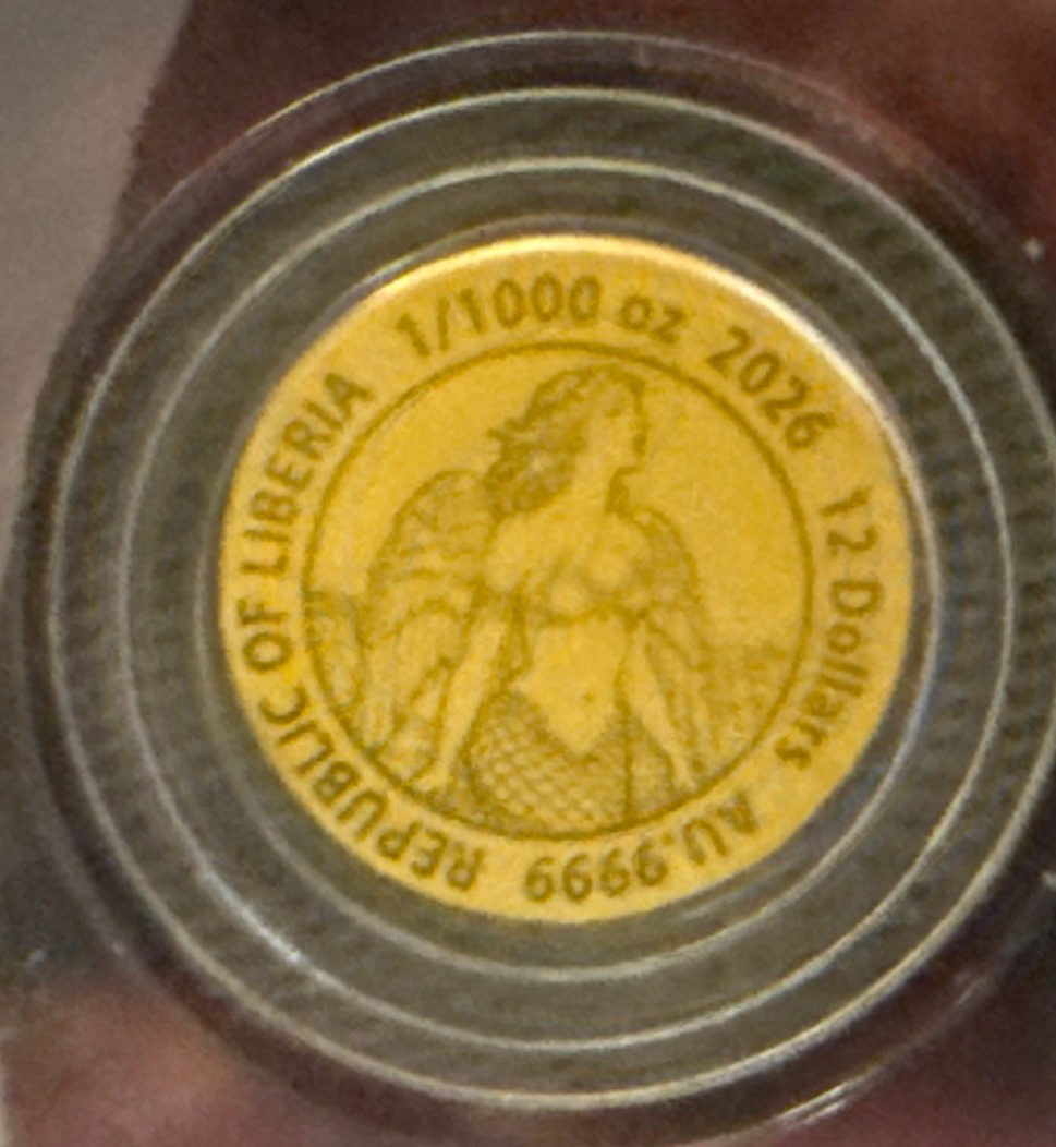 SIREN 1/1000 oz Fine Gold 12mm Coin in Capsule Card 12$ Liberia