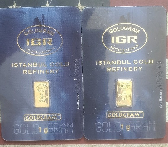 1 Gram Gold Bars (Lot of 2) Istanbul Gold Refinery 999.9 Fine, In Assay.