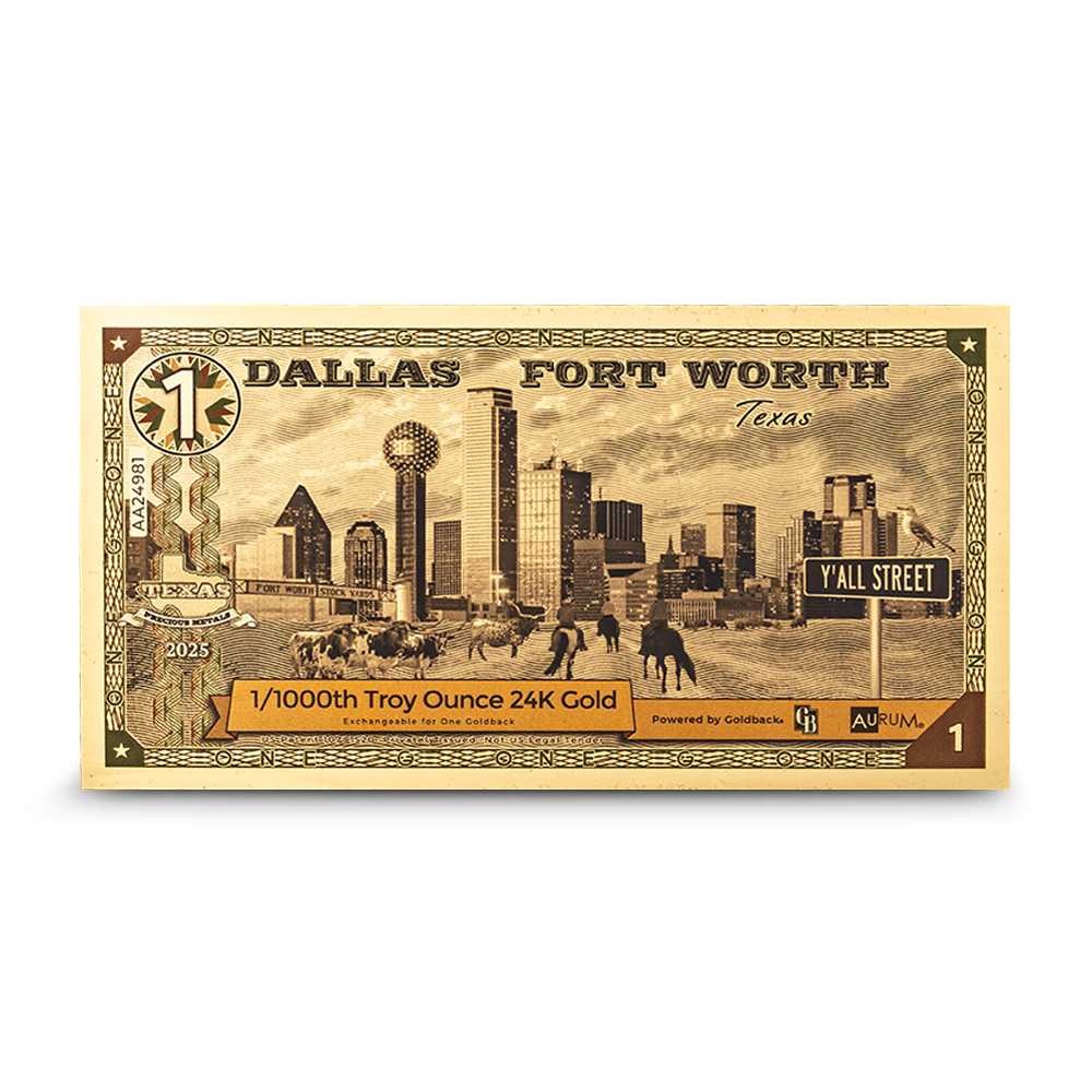 1 Dallas Fort Worth Texas Goldback Gold Note (100 Pack, New)