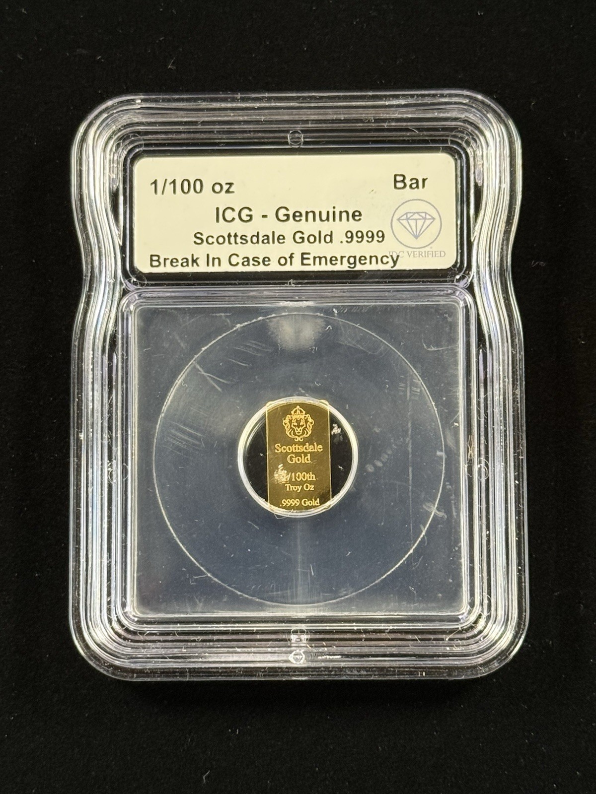 1/100oz Gold Scottsdale Break Incase Of Emergency ICG Genuine Item #90