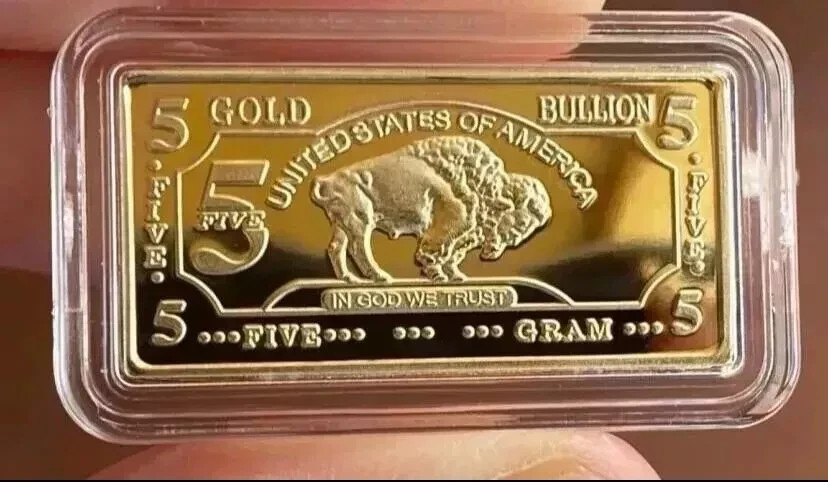 AMERICAN BUFFALO INGOT 5 GRAMS 100 MILLS GOLD PLATED FINE GOLD 999/1000