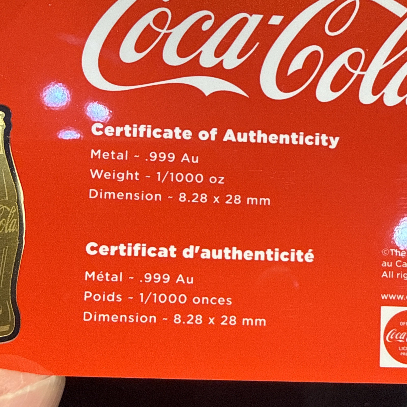 1/1000TH OZ GOLD CON CARD COCA COLA ICONIC BOTTLES
