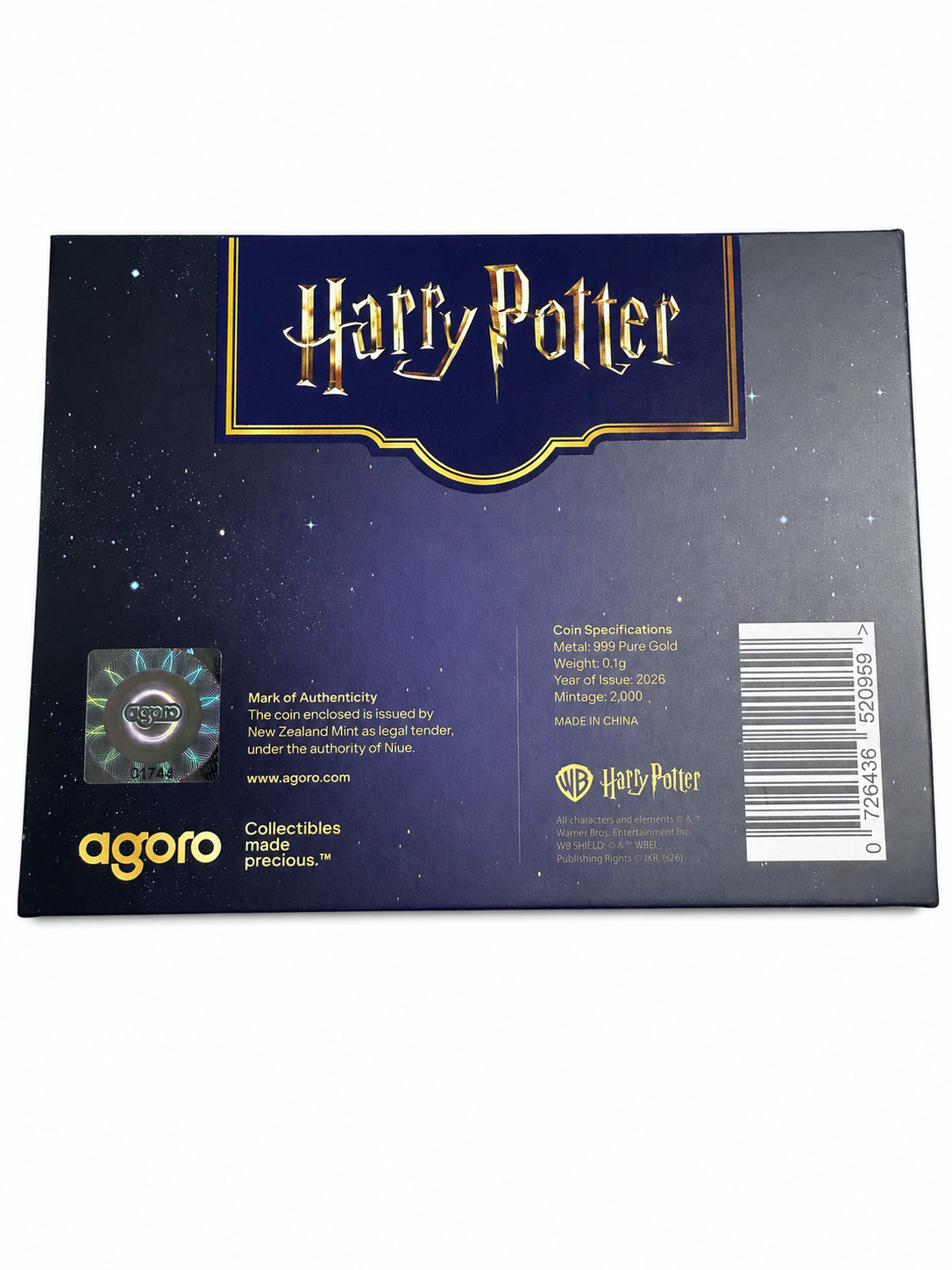 2026 Niue Harry Potter Golden Snitch 0.1g .999 Gold Agoro Only 2000 Made