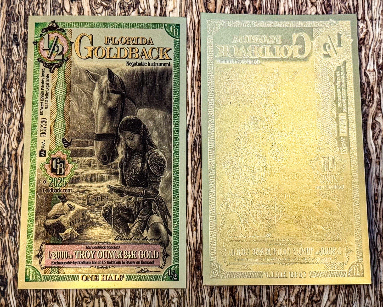 Pair of Goldbacks 2025 Florida 1/2 Goldback Note 1/2000 Troy Oz 24K Gold