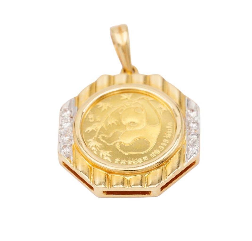 1985 China 1/20 Gold Panda .999 Pure 5 Yuan Gold Coin with 18K Diamond Bezel