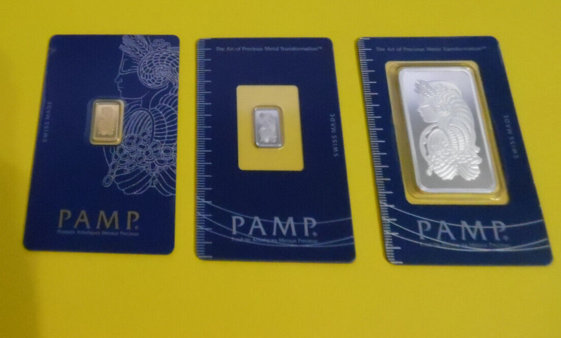 3 Pamp Suisse Lady Fortuna Bullion Bars 1 oz Silver 1 Gram Each Gold & Platinum