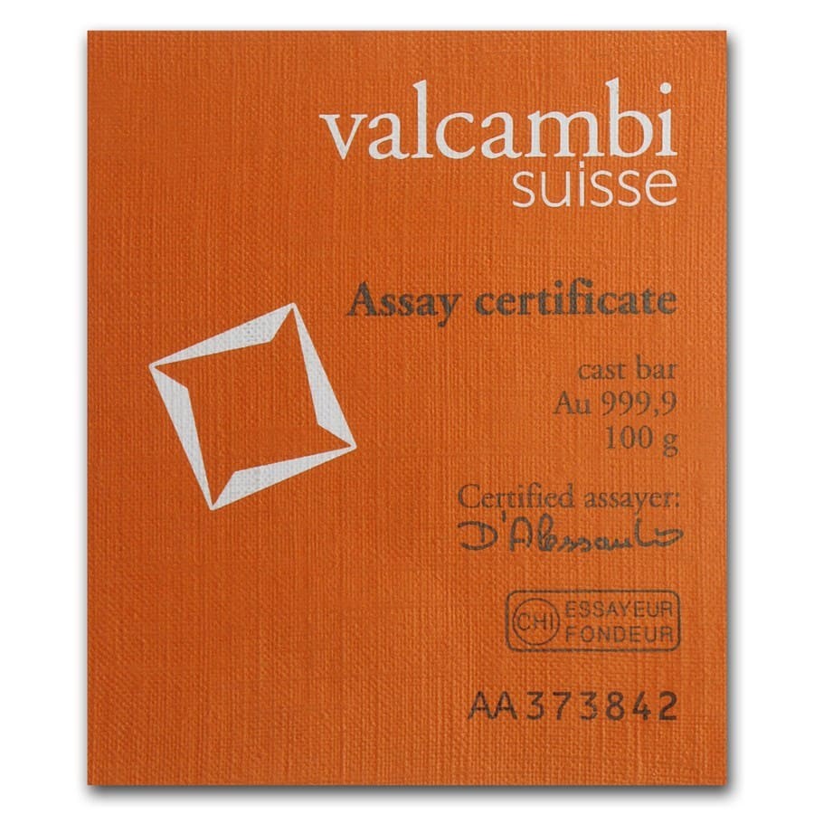 100 gram Gold Bar – Valcambi (Cast/Poured w/Assay)