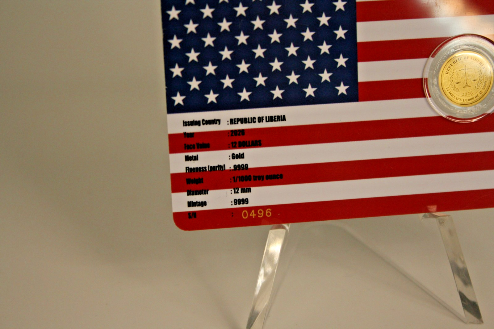 REPUBLIC OF LIBERIA 2026 12 DOLLAR GOLD 1/1000 OZT .9999 USA FLAG $100 BILL