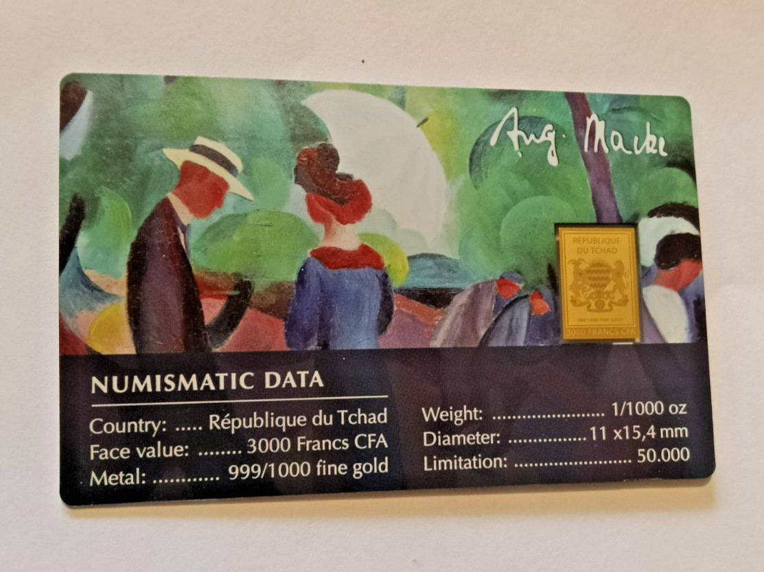 1/1000TH OZ GOLD COIN BAR PROMANADE Auguste Macke Fine art masterpiece in gold