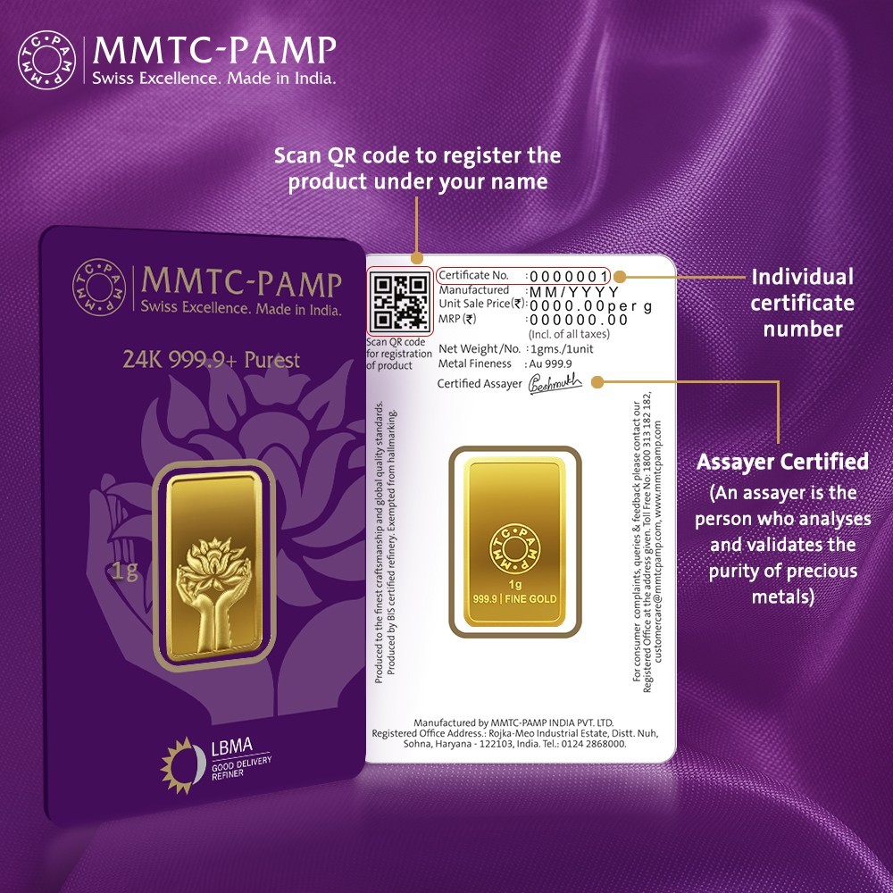 24K (999.9+) Purest 1 g Lotus Gold Bar By MMTC PAMP.