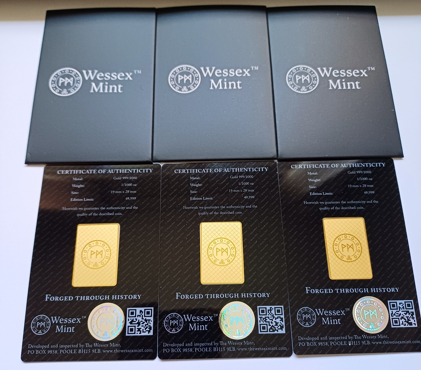 Wessex Mint 1/1000th oz 0.0311g Libertad, Vienna, ArchAngel Michael Gold Bars
