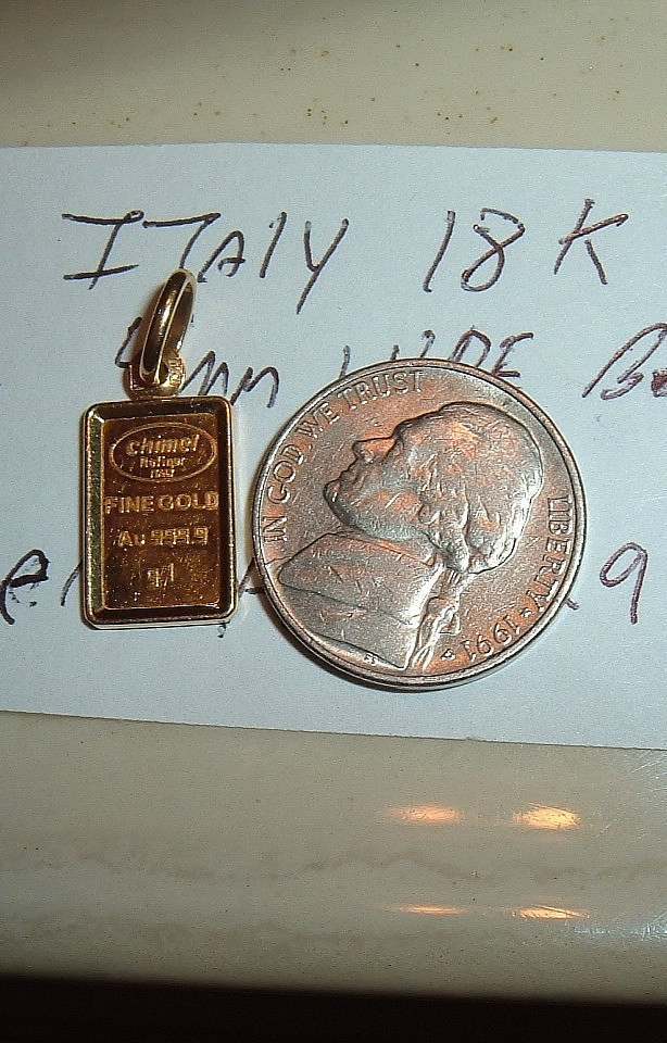 RARE CHIMEL MILROS ITALY 1 GRAM 999.9 FINE GOLD AU BAR 18KT BEZEL PENDANT 1.61g