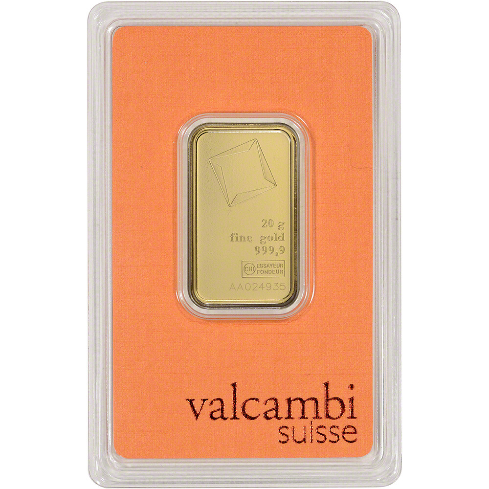 20 gram Gold Bar – Valcambi Suisse – 999.9 Fine in Sealed Assay