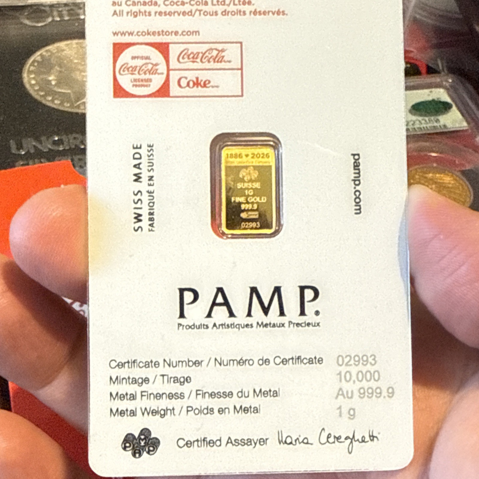 1 Gram Gold Bar PAMP Coca-Cola Valentine’s Love Bar .9999 Assay Actual Bar Pic!