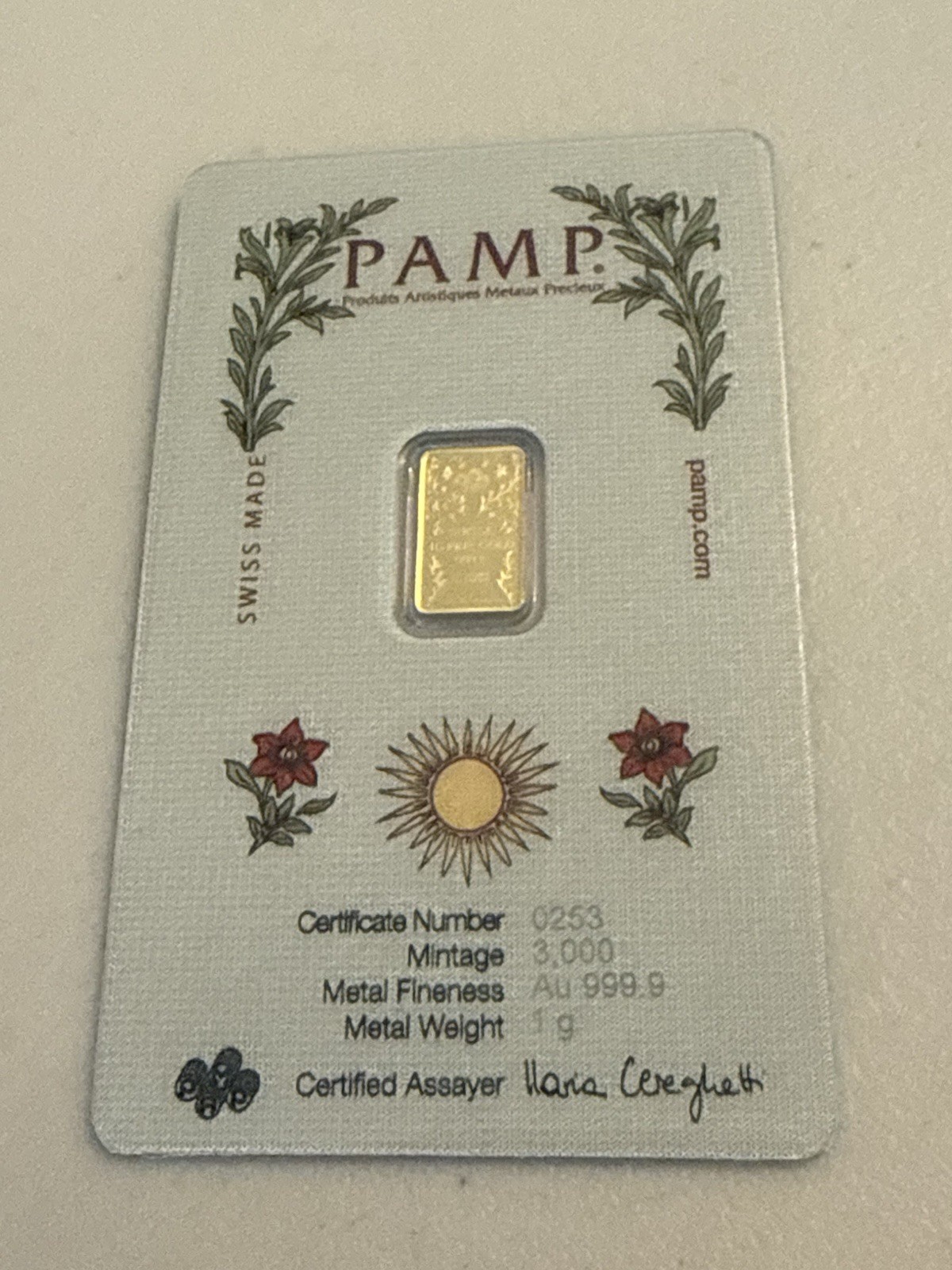 1 gram Gold Bar – PAMP Suisse Una & The Lion (In Assay w/ Sleeve)