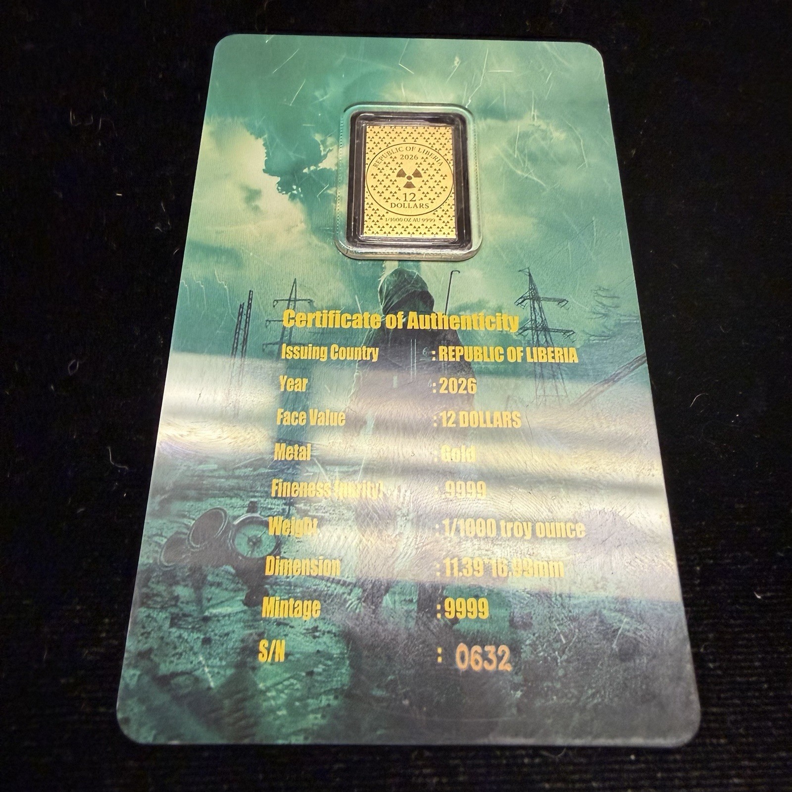 2026 Gold Bar Chernobyl 1986 Radiation Theme in capsule card 1/1000 oz 9999