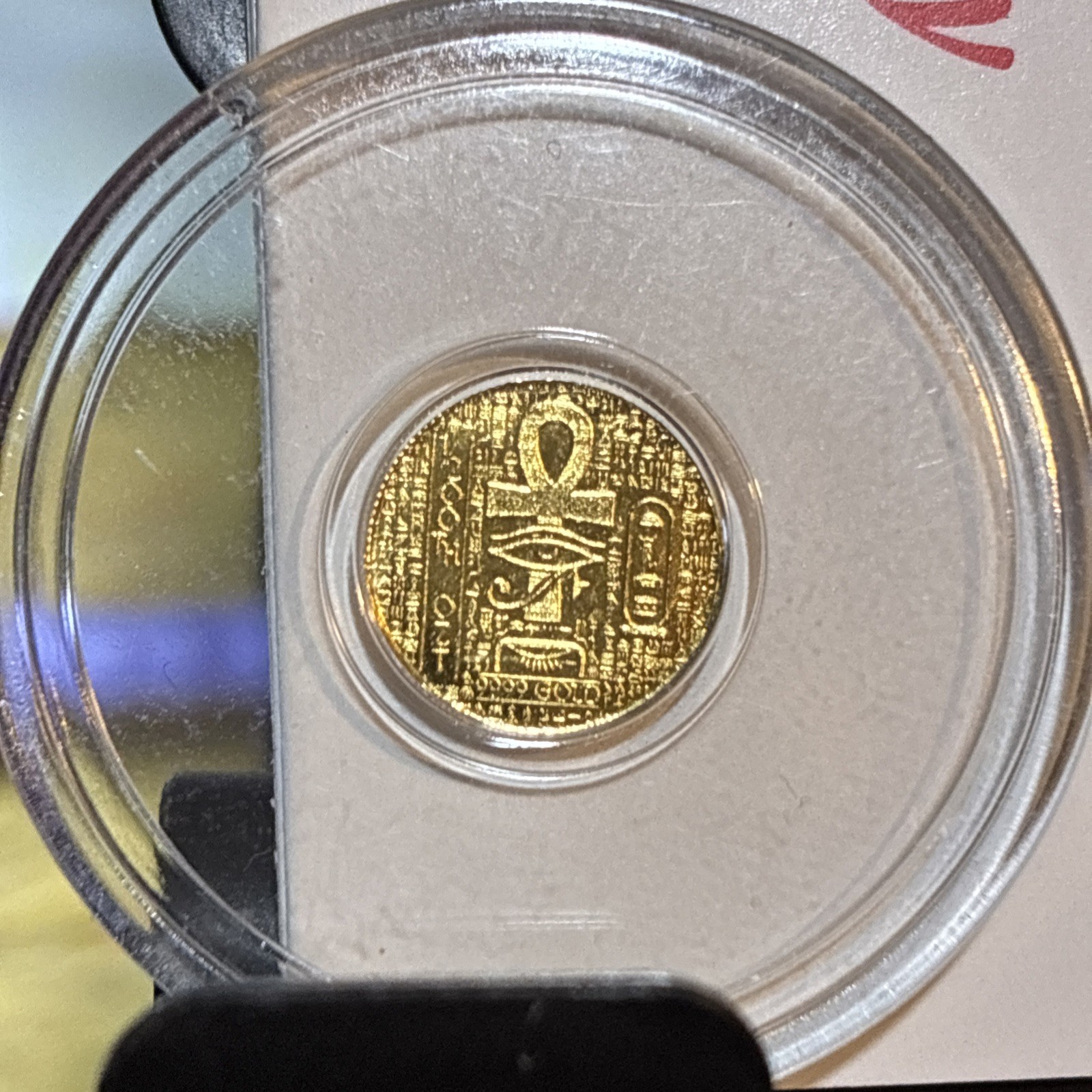 1/200th oz .9999 Pure Gold Monarch Egyptian Scarab Anhk Encapsulated Round.