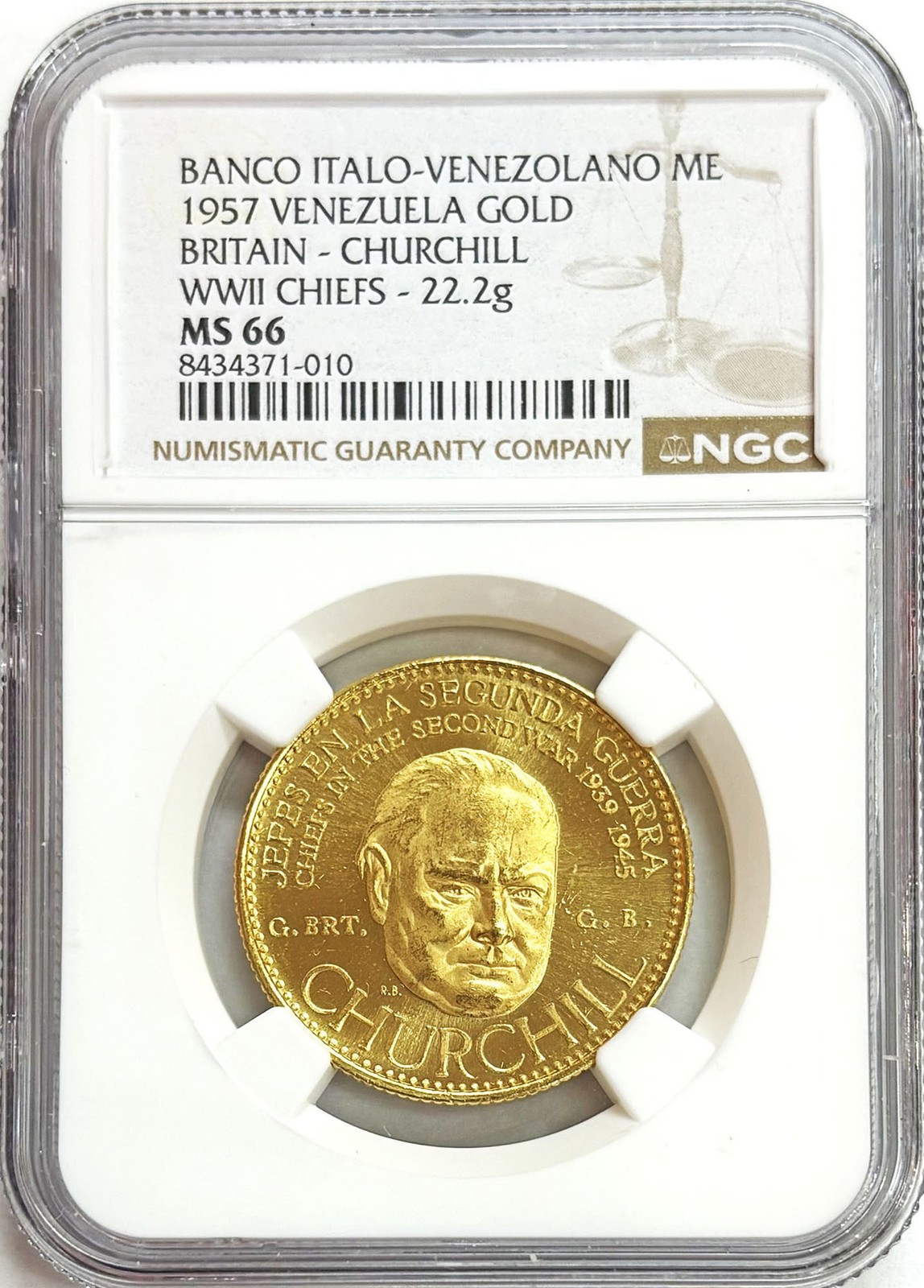 1957 GOLD GREAT BRITAIN CHIEF CHURCHILL WWII 22.2 GRAM VENEZUELA COIN NGC MS 66