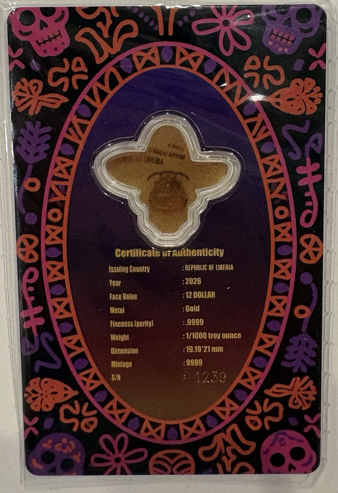 2026 Liberia 1/1000th Gold Carded Dia De Los Muertos Special Shaped with Capsule