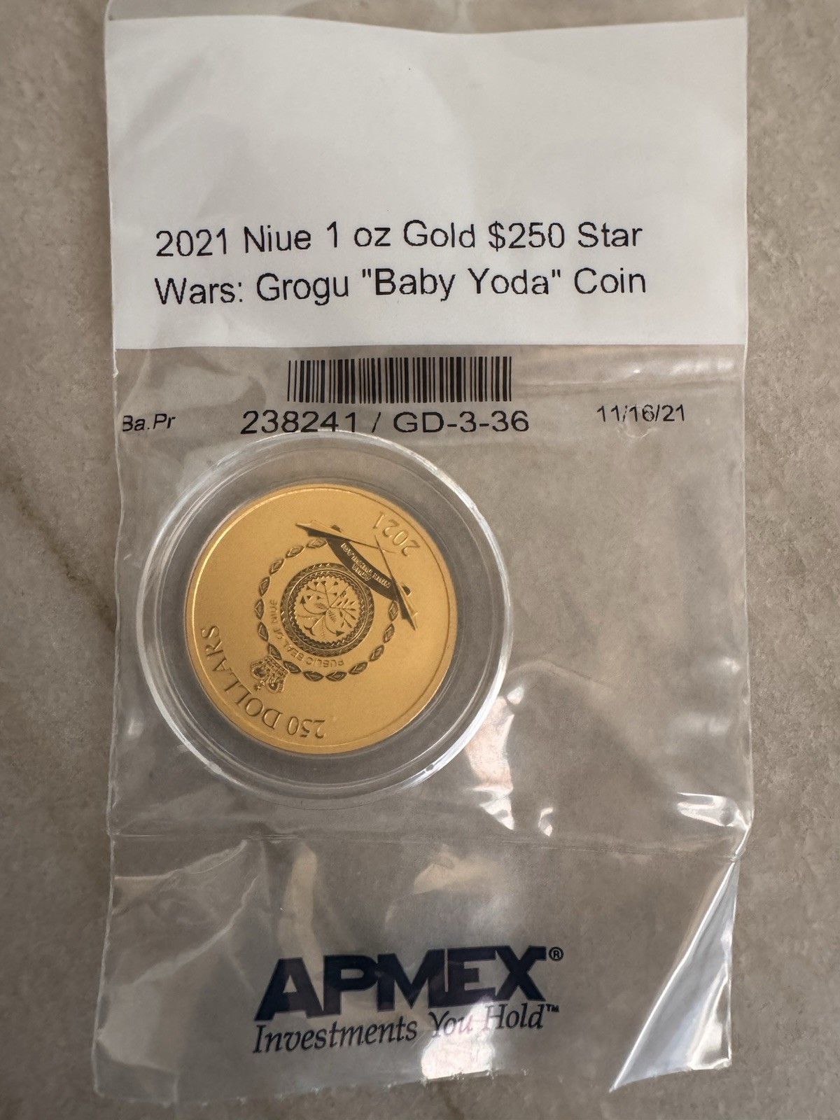 2021 STAR WARS GROGU BABY YODA 1 OZ .9999 GOLD COIN! MANDALORIAN! ONLY 250 EXIST