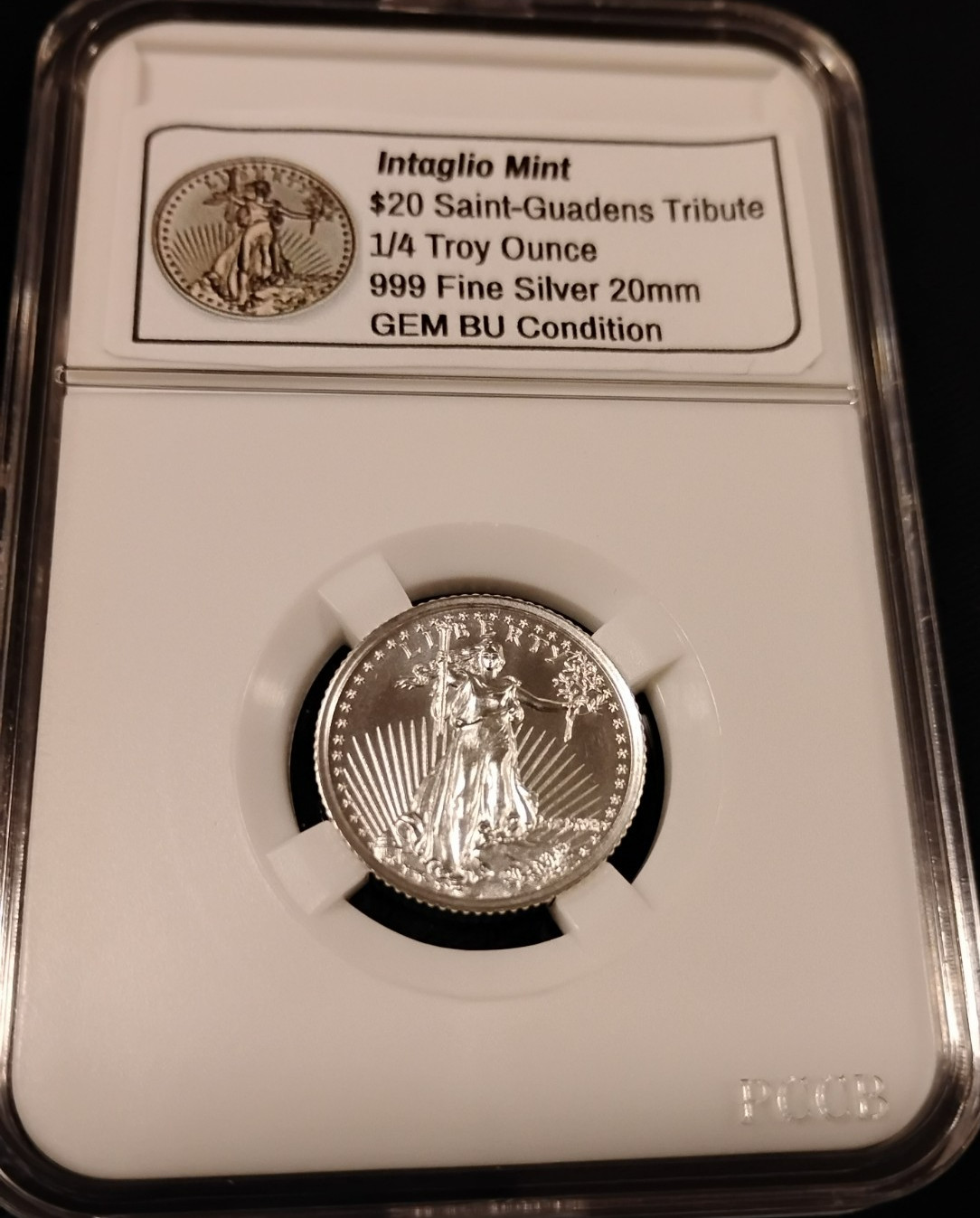 Saint-Gaudens 1/4 oz 999 Fine Silver Tribute Round in PCCB Coin Holder GEM MINT!