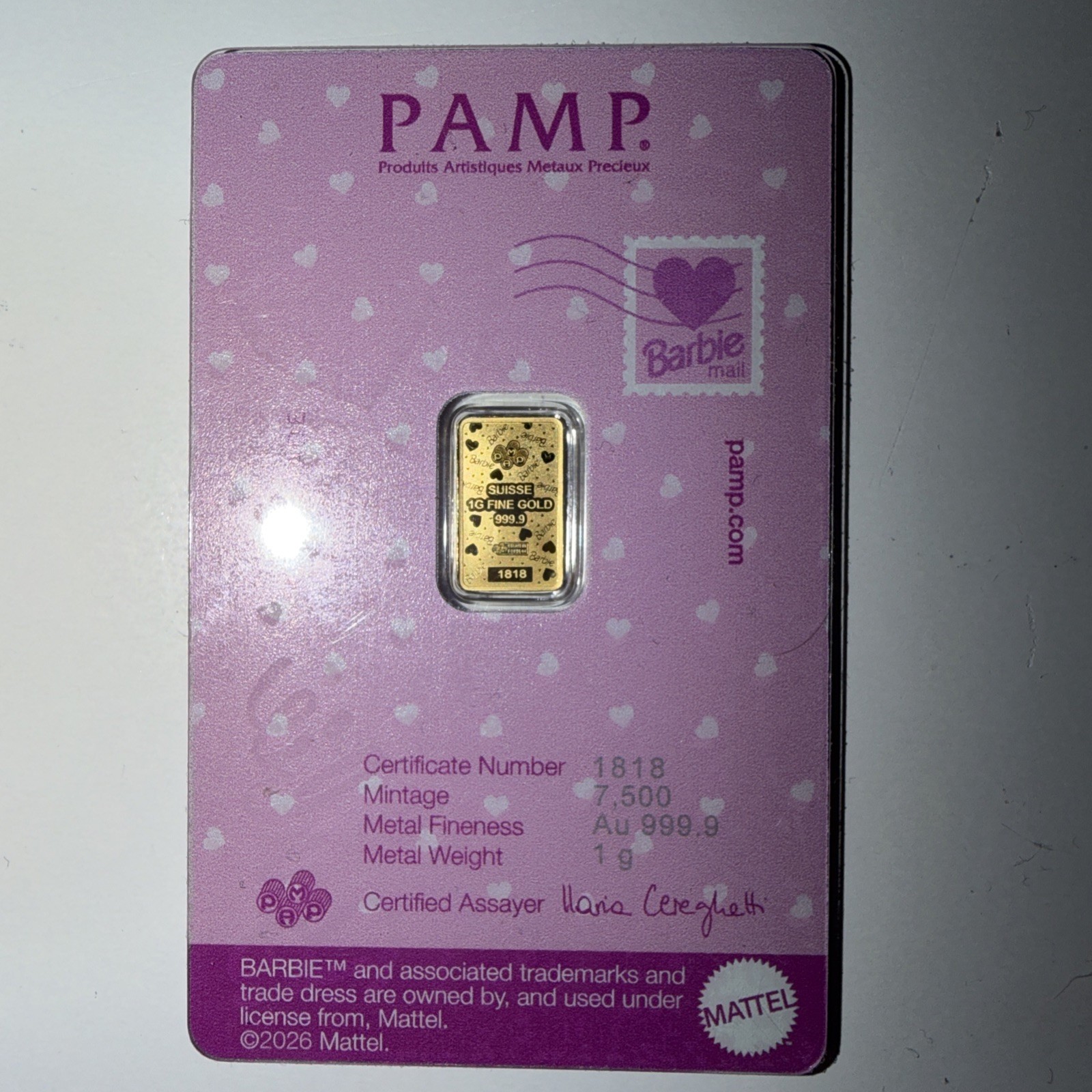 PAMP Suisse Barbie™ 1 Gram .9999 Fine Gold Bar – 5,000 Mintage