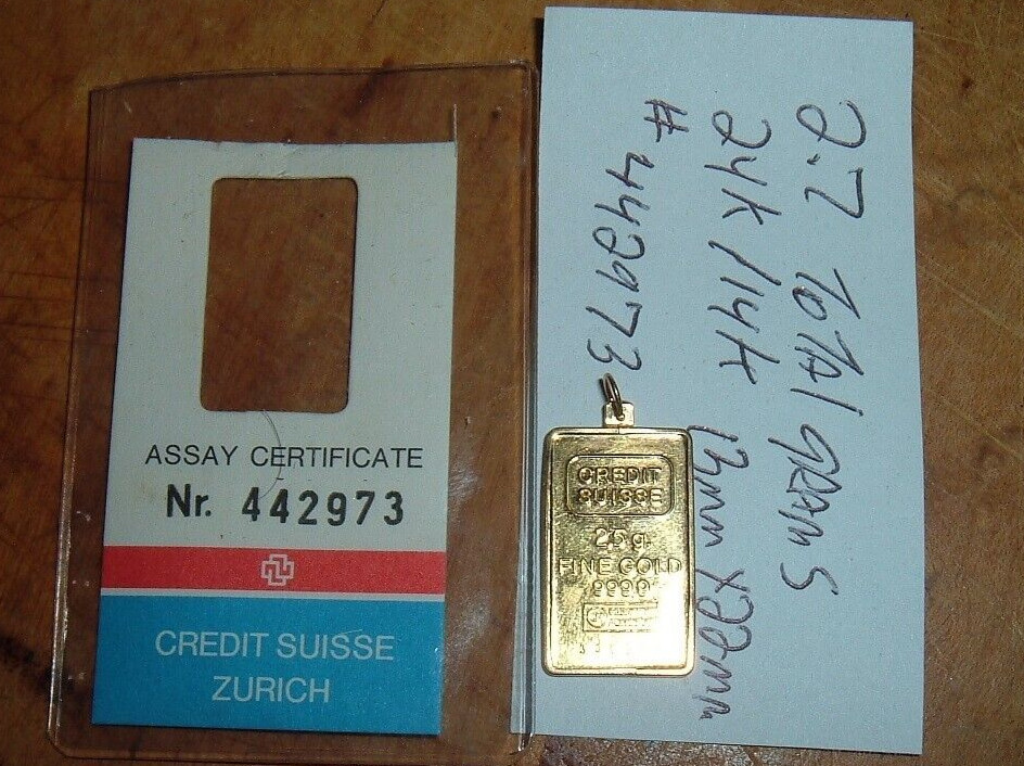 24K GOLD Credit Suisse 999.9 FINE 2.5 INGOT BAR 585 14K PENDANT BEZEL CHAIN 2.7g